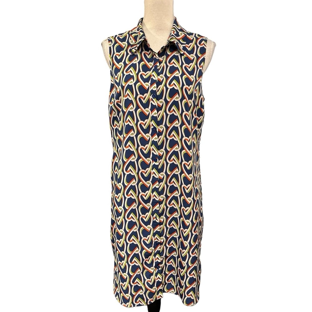 Cabi‎ 5370 Heart Print Sleeveless Button Down Shirt Dress Navy Orange Green M